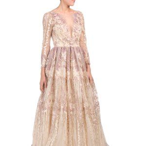 Long Sleeve Embroidered Ball Gown Mauve  color